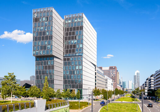 Frankfurt am Main, Germany - August 18, 2023: General view of the FAZ Tower in the Europaviertel district, seat of the Frankfurter Allgemeine Zeitung since 2022, designed by Eike Becker Architekten.