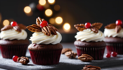 Colorful cupcakes with chocolate filling and festive decorations. A set of sweet little artworks that blend vibrant colors, rich chocolate flavor, and the festive magic of decorations, Generative AI.