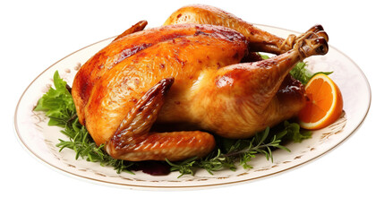 Happy thanksgiving day with fried chicken isolated on transparent background, Generative ai.