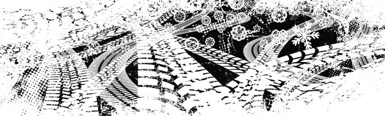 Vector Print Textured Tire Track banner with snowflakes. Design Element . Winter car tread silhouette . Mud splash grunge texture with tyre track . Drift show