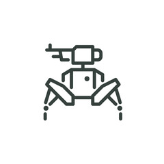 Thin Outline Icon Armed Military Robot With Weapon. Such Line Symbol Weaponry and Military Robotics AI Technology Machine Learning. Vector Isolated Pictogram on White Background Editable Stroke.