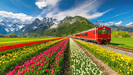 The red train runs through a tulip garden in the Netherlands. Field of tulips in Netherlands.