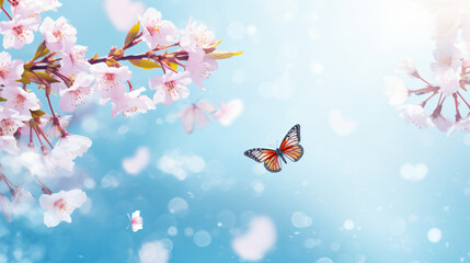 Fototapeta na wymiar Branches blossoming cherry on background blue sky