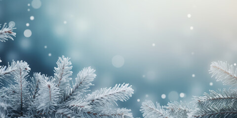 Beautiful winter background image of frosted spruce branches and small drifts of pure snow with bokeh Christmas lights and space for text.