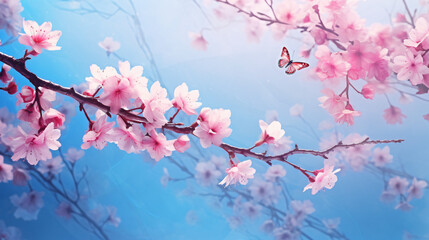Branches blossoming cherry on background blue sky