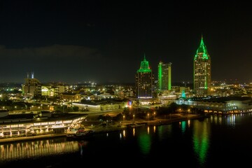 Downtown Mobile, Alabama riverside skyline at night