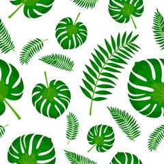 Vector seamless pattern with colorful tropical leaves. Cute bright and fun summer floral background. Jungle leaf, exotic palm leaves. Vector illustration