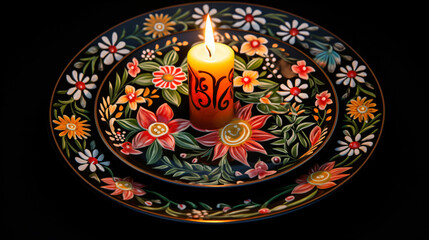 A decorated plate with lit candles and flowers