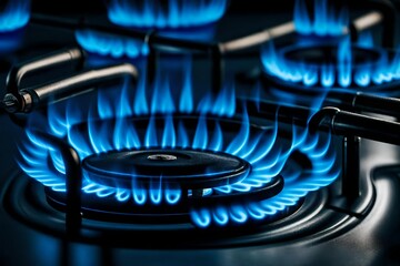 loseup shot of blue fire from domestic kitchen stove top. Gas cooker with burning flames of propane gas. Zooming in on the kitchen stove  generative ai technology

