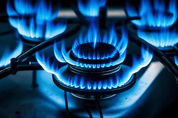 loseup shot of blue fire from domestic kitchen stove top. Gas cooker with burning flames of propane gas. Zooming in on the kitchen stove  generative ai technology

