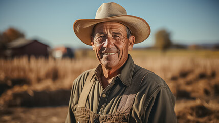 Fototapeta premium a adult white american farmer man standing on a wheat grass field. wearing a hat. agricultural land owner. blurry field and a mansion background. Generative AI