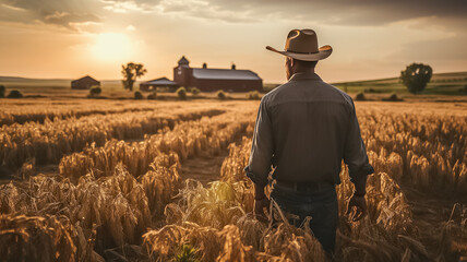 Fototapeta premium a adult white american farmer man standing on a wheat grass field. wearing a hat. agricultural land owner. blurry field and a mansion background. Generative AI