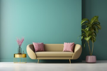 a pale green sofa stands in a room with a plant on the floor, in the style of light gold and dark cyan, minimalistic modern, light magenta and green, eco-friendly craftsmanship