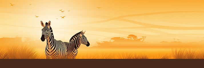 Fototapeta na wymiar Silhouetting two zebras against the golden hour's glow at sunset. Wldlife and nature paint a serene African safari, banner for Zebra day celevrattion and design