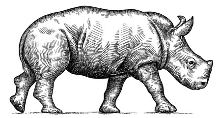 Vintage engraving isolated rhinoceros set illustration ink sketch. Africa background rhino silhouette art. Black and white hand drawn image © Turaev