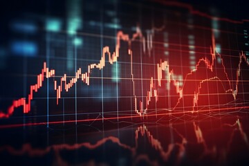 stocks listed in different exchanges with a red background, in the style of tilt shift, squiggly line style, moody atmosphere, screen format, uhd image, graph paper, atmospheric