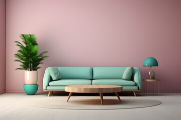 the 3d render of a living room with a sofa and plant, in the style of light emerald and pink, minimalistic composition, light beige and gold, rug, minimalistic modern, minimalist backgrounds, light gr