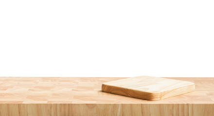 .Chopping board on endgrain wood table or kitchen counter bar background.with png