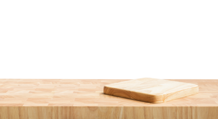 .Chopping board on endgrain wood table or kitchen counter bar background.with png