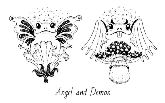 Vintage tattoo sketches with frogs as devil and angel sitting on flower and mushroom. Magic characters from hell and heaven. Concept of occult, witchcraft, mystic, vector hand drawn illustration