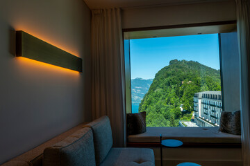Livingroom with Mountain and Lake View in Burgenstock, Nidwalden, Switzerland.