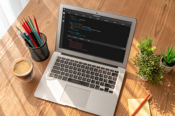Software development programming on computer screen for modish application and program coding