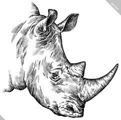 Vintage engraving isolated rhinoceros set illustration ink sketch. Africa background rhino silhouette art. Black and white hand drawn vector image © Turaev