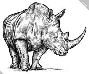 Vintage engraving isolated rhinoceros set illustration ink sketch. Africa background rhino silhouette art. Black and white hand drawn vector image © Turaev
