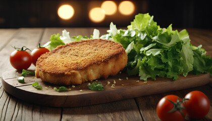 Crispy breaded seared chicken cutlet accompanied by crisp lettuce and juicy tomatoes. A satisfying dish offering the perfect balance of crunchy texture and fresh, vibrant flavors, Generative AI.