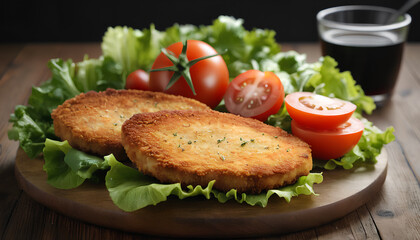 Fototapeta na wymiar Crispy breaded seared chicken cutlet accompanied by crisp lettuce and juicy tomatoes. A satisfying dish offering the perfect balance of crunchy texture and fresh, vibrant flavors, Generative AI.