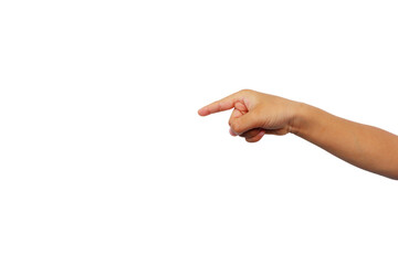 The hand of an Asian boy making a gesture with his index finger pressing on something. on a white background