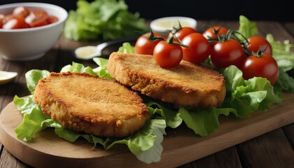 Crispy breaded seared chicken cutlet accompanied by crisp lettuce and juicy tomatoes. A satisfying dish offering the perfect balance of crunchy texture and fresh, vibrant flavors, Generative AI.