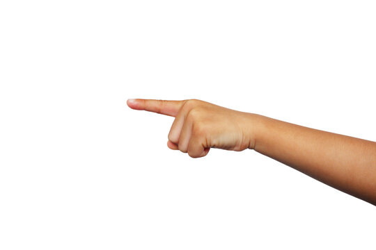 The hand of an Asian boy is making a gesture pointing forward. on a white background