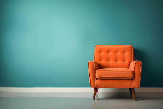 Orange armchair on colorful blue wall background electric retro interior