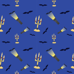 Bats, lanterns and candelabras on a blue background, Halloween. Vector color pattern