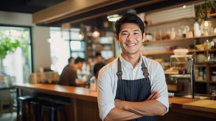 カフェで働くアジア人男性