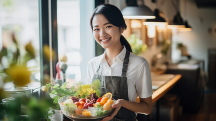 カフェでウエイターとして働くアジア人女性
