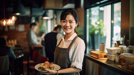 カフェでウエイターとして働くアジア人女性
