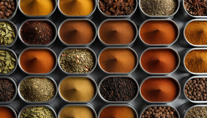 assorted Indian chai spices stored in metallic tins. Fragrant blends perfect for an exquisite tea journey, generative AI.
