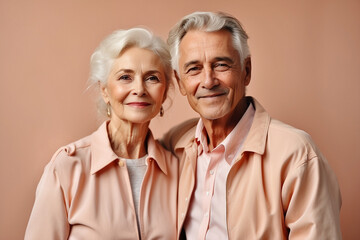 Joyful European elderly couple, portrait on a peach background as a keepsake