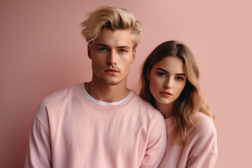 woman on a man's shoulder, soft pink background