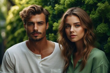 Fototapeta premium a guy and a girl on the background of green trees, portrait