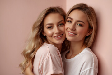 two close friends or sisters hugging in a photo, two beautiful girls on a pink background