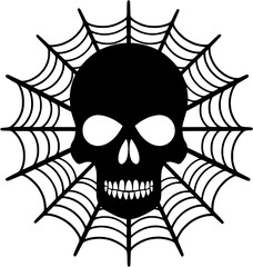 Halloween Skull and Spider Web Vintage Outline Icon In Hand-drawn Style