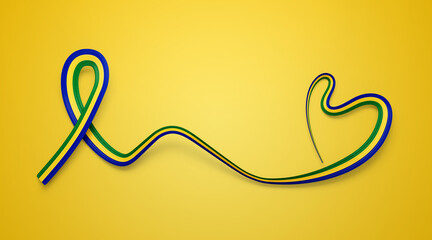 Fototapeta na wymiar 3d Flag Of Gabon Heart Shape Shiny Wavy Awareness Ribbon flag On Yellow Background 3d illustration