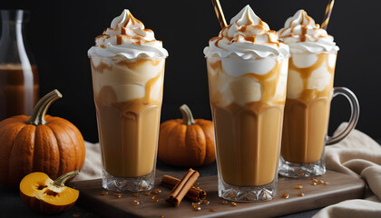 Pumpkin caramel iced latte. A refreshing and indulgent autumn beverage, generative AI.