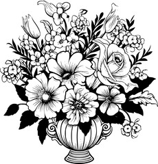 Floral Botanical Flower Arrangements in Vase Vintage Outline Icon In Hand-drawn Style