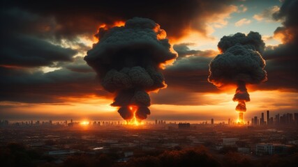 huge natural disaster or nuclear explosion mushroom cloud effect over city skyline. AI Generated