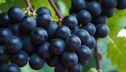 Fototapeta premium black grapes bunch on vine branch, generative AI.