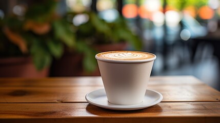 Fototapeta premium Coffee mug on wooden table closeup, hot beverage Blur cafe interior background